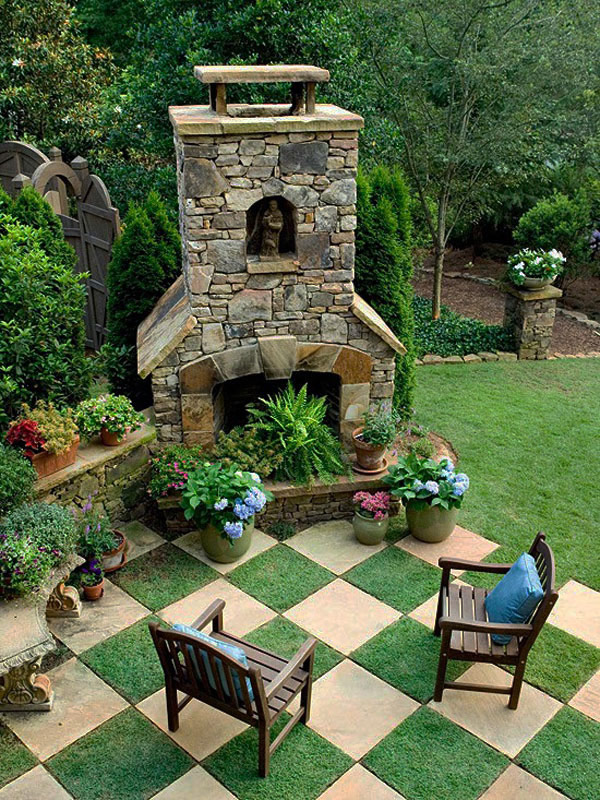 Anchor a Checkerboard Patio with a Stone Fireplace