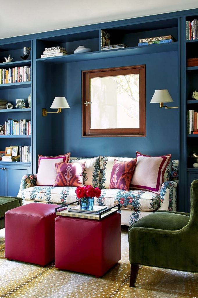 Deep Blue Built-Ins Frame a Cozy Reading Nook