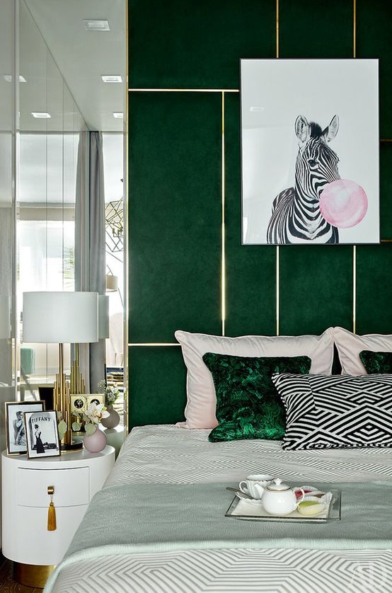 Framed Zebra Art Adds Whimsy To Velvet Headboard