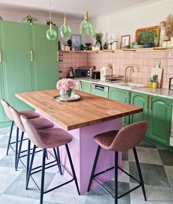 Pastel Island Base Adds a Pop of Color to Kitchen