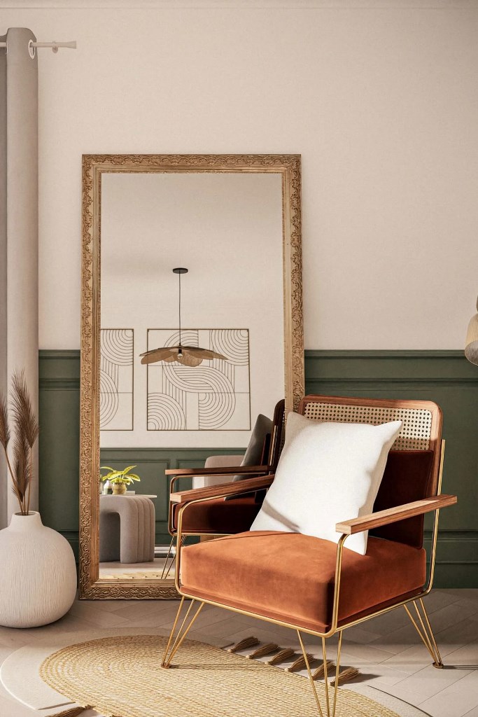 Ornate Mirror Reflects Artful Wall Hangings