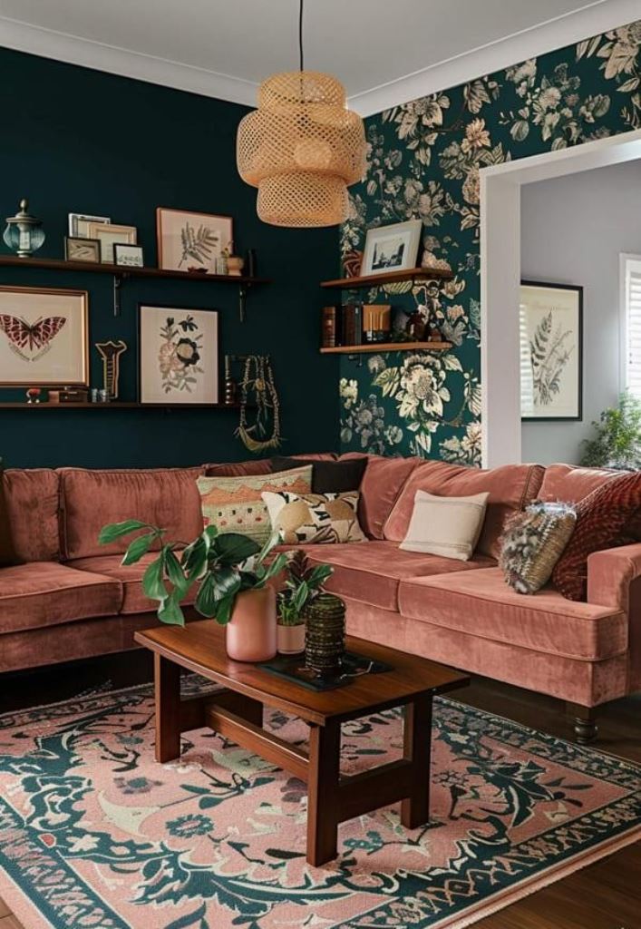 Terracotta Velvet Sectional with Patterned Pillows