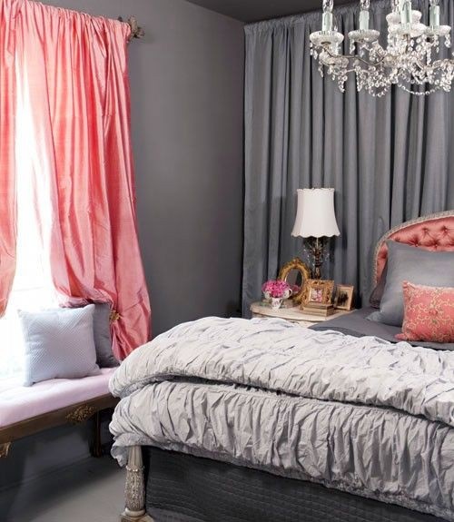 Pink Draped Curtains Add a Soft Touch to a Grey Bedroom