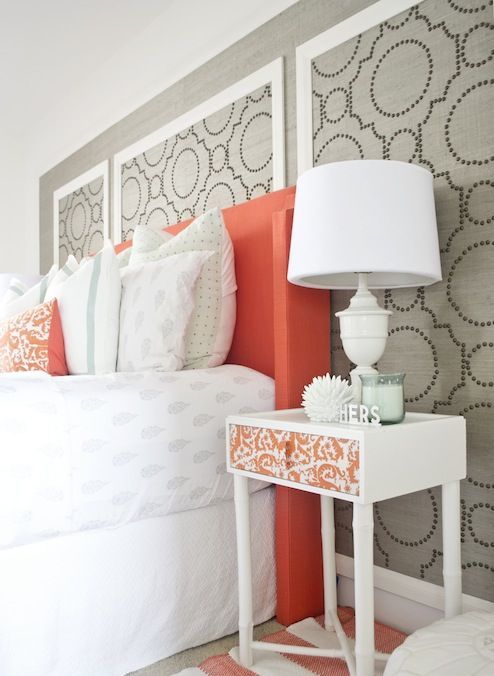 Coral Headboard Adds a Bold Statement to a Grey Bedroom