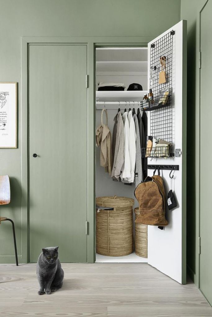 Grid Panel With Baskets and Hooks for Door Storage