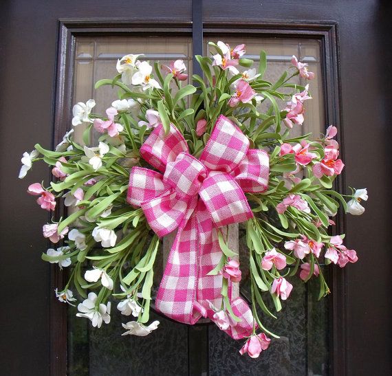 Pink Gingham Bow Adorns a Spring Flower Wreath