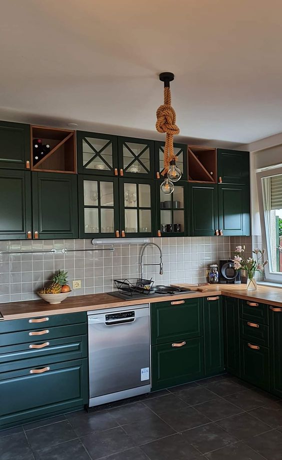 Wood and Glass Cabinets Display Kitchen Essentials