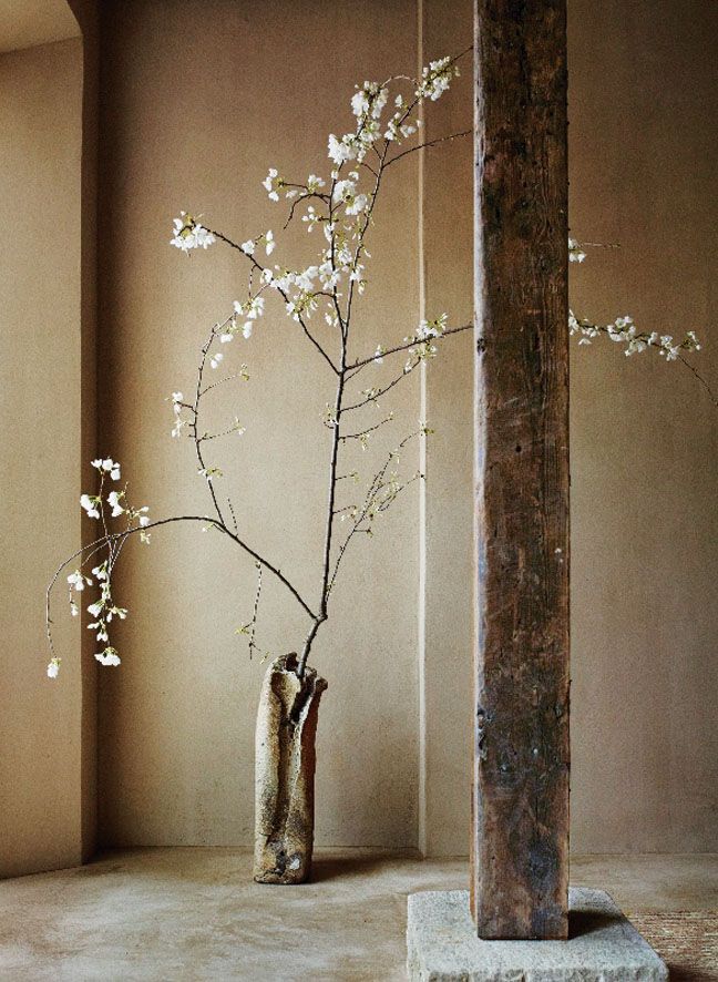 Rough-Hewn Vase Holds Delicate Cherry Blossoms