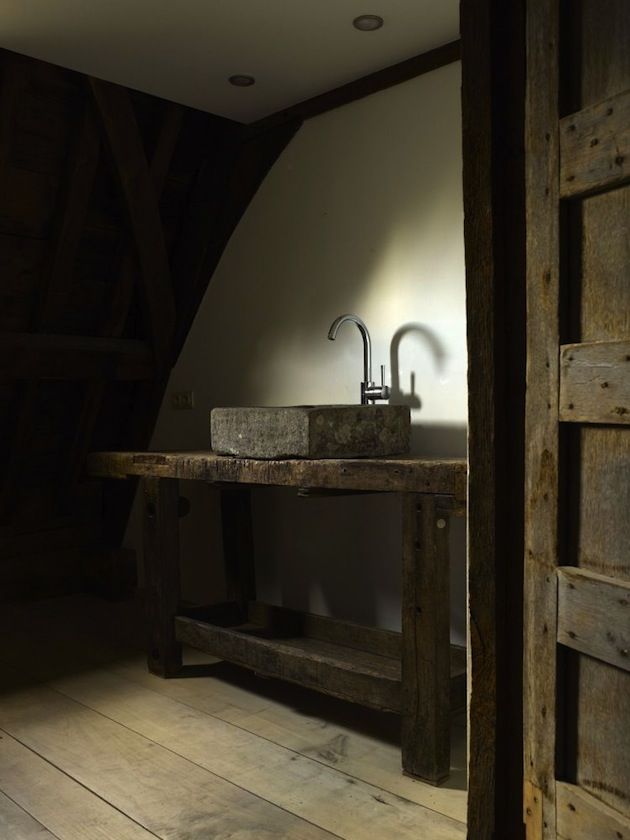 Stone Trough Sink on a Rough-Hewn Workbench