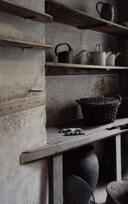 Rough-Hewn Shelves Display Vintage Watering Cans and Pots