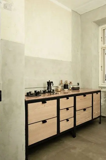 Combine Light Wood and Black Metal for an Industrial Aesthetic