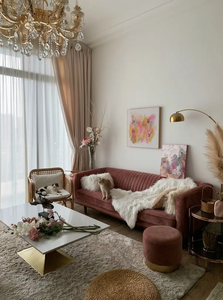 Incorporate Soft Texture With a Pink Velvet Sofa and Throws