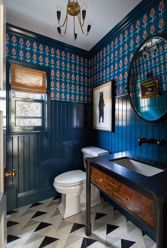 Dark Blue Beadboard Walls Add Depth to Powder Rooms