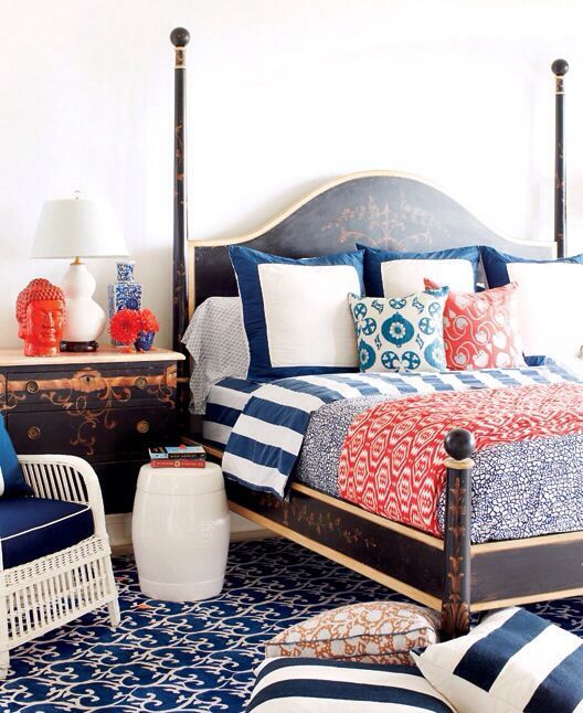 Red and Blue Patterned Pillows Add Global Flair