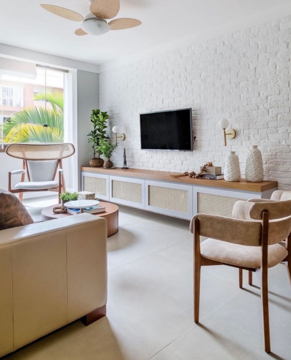 Cane-Fronted Media Console With Open Shelving