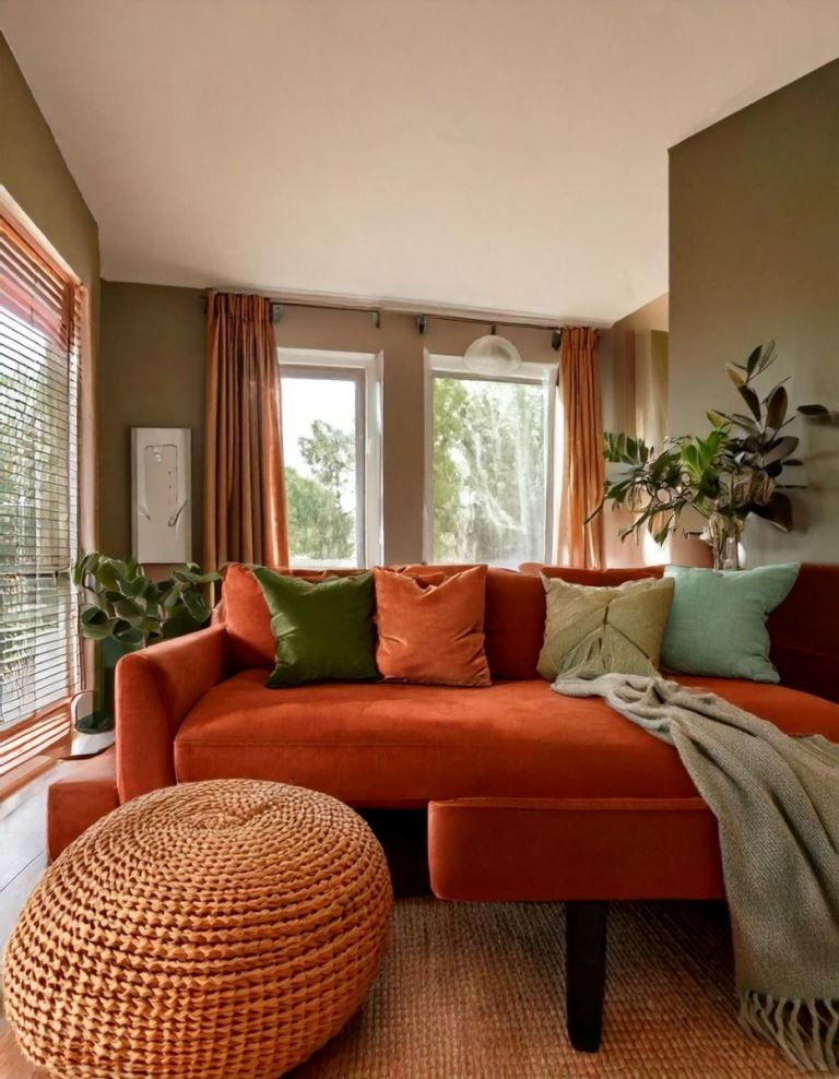 Terracotta Sofa with Mixed Green and Terracotta Pillows