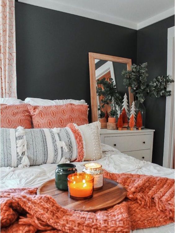 Wooden Tray Anchors Candles and Cozy Throw on Bed