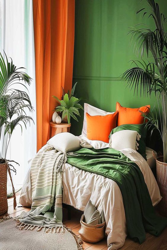 Orange and Green Pillows Add Bold Contrast to Bedding