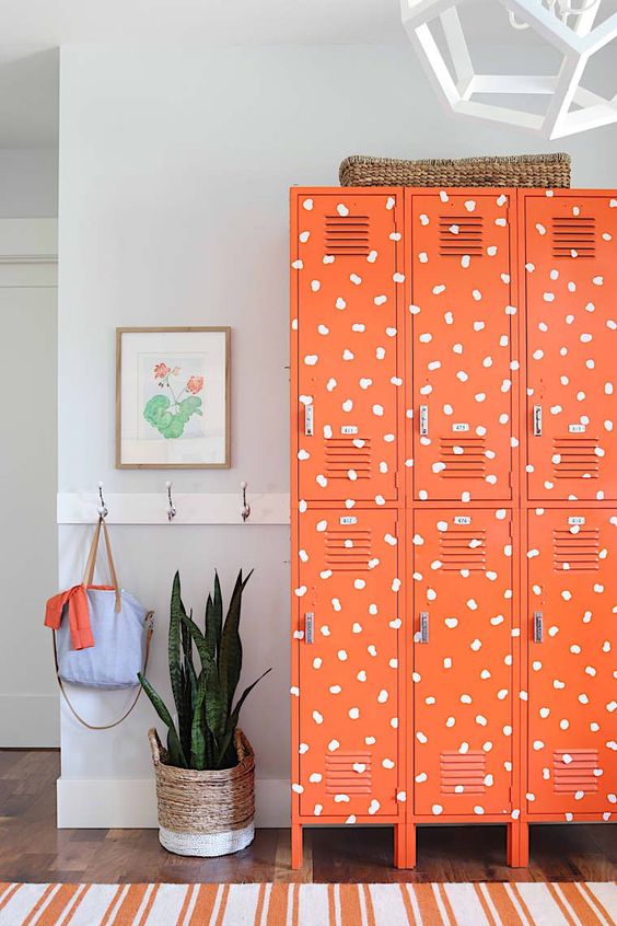 Orange Lockers With Playful White Dot Pattern for Entryway Storage