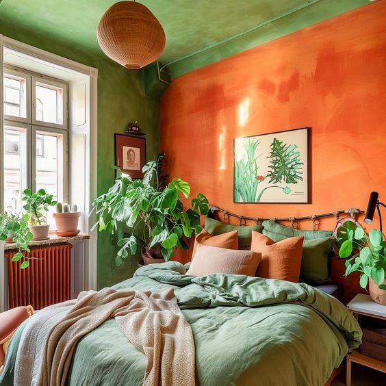Orange and Green Walls Create a Bold, Biophilic Bedroom