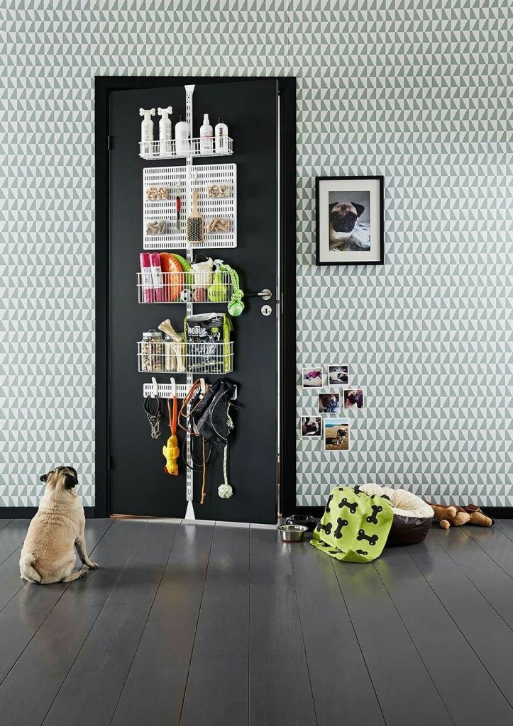 White Wire Baskets Organize Pet Supplies and Leashes