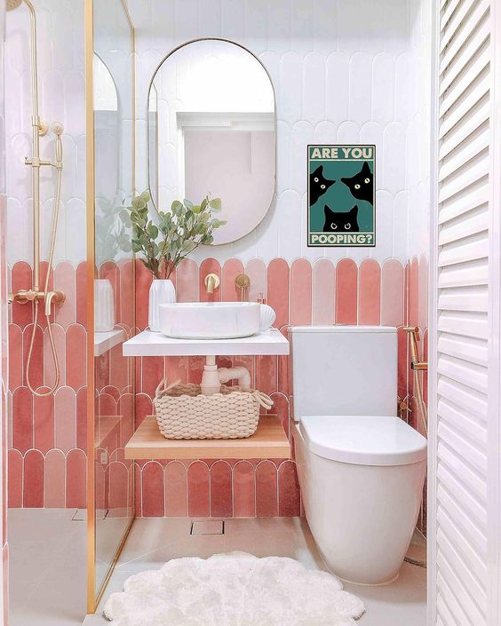 Pink and White Arched Tiles Create a Playful Bathroom Accent