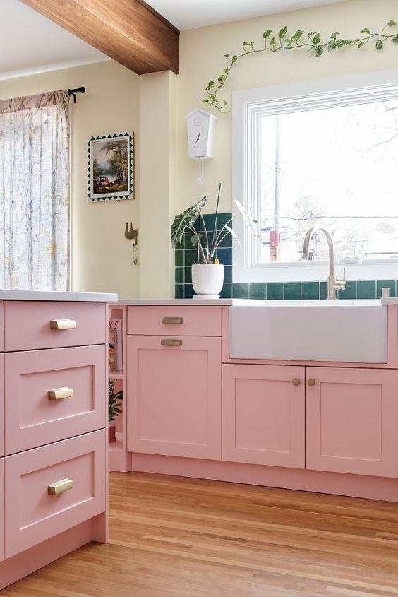 Pink Kitchen Cabinets With Gold Pulls Add a Sweet Touch