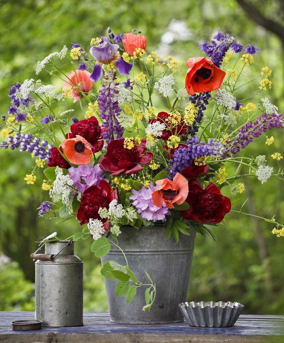 Galvanized Bucket Holds a Generous Wildflower Bouquet