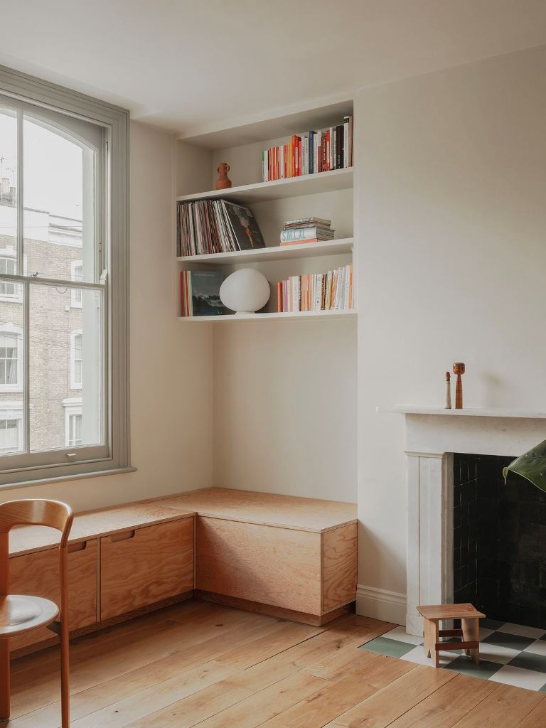 Corner Cabinet Bench With Integrated Drawers Utilizes L-Shaped Space