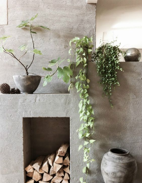 Soften Concrete Fireplace Niches with Trailing Plants