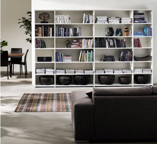 Woven Baskets Conceal Clutter on White Shelves