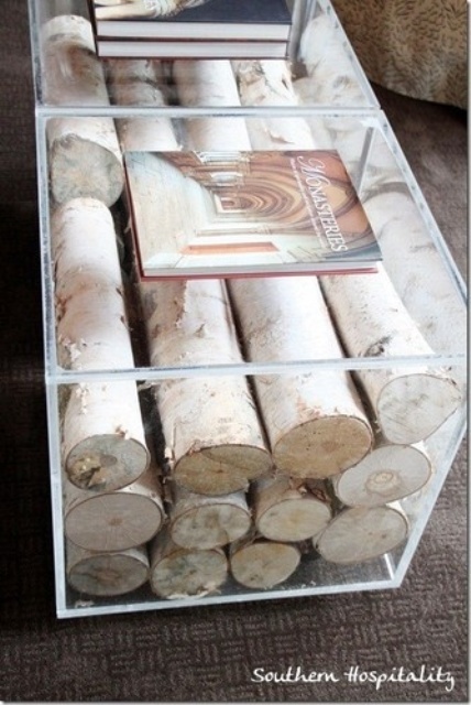 Acrylic Coffee Table Filled with Birch Logs