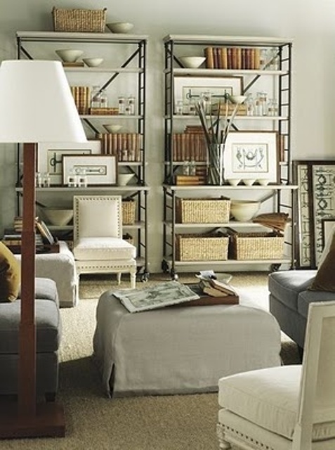 Metal-Frame Bookshelves with Woven Baskets