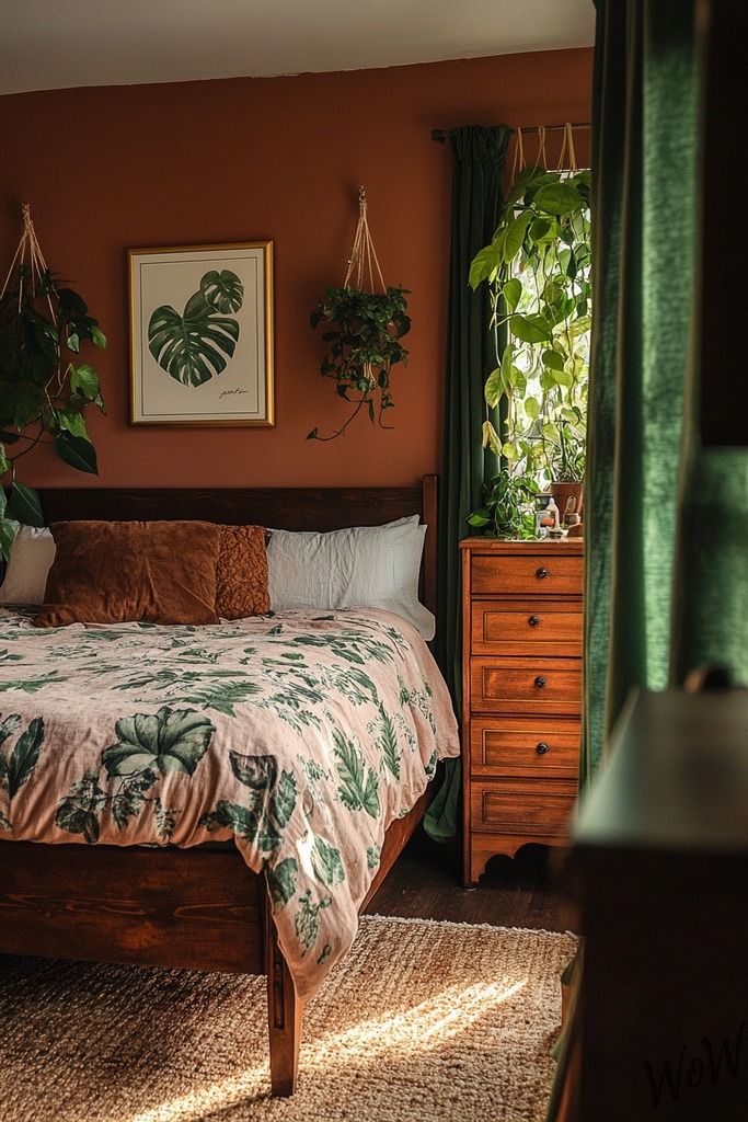 Hanging Plants Add Vertical Greenery to a Terracotta Bedroom