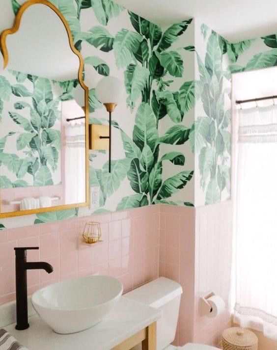 Bold Banana Leaf Wallpaper Creates a Tropical Bathroom