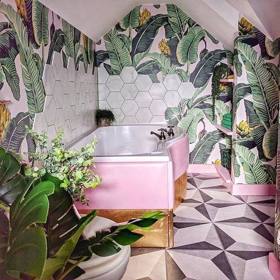 Tropical Wallpaper and Geometric Floor Tiles Create a Bold Bathroom