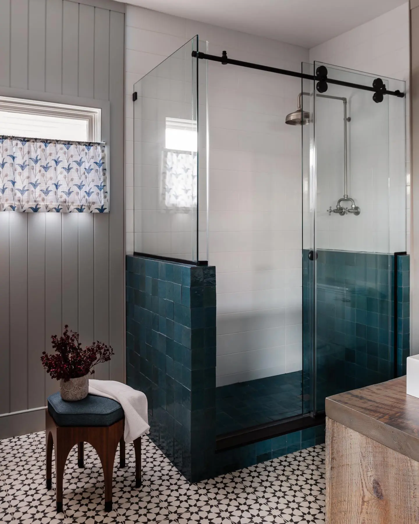 Deep Teal Tile Creates a Bold Shower Base