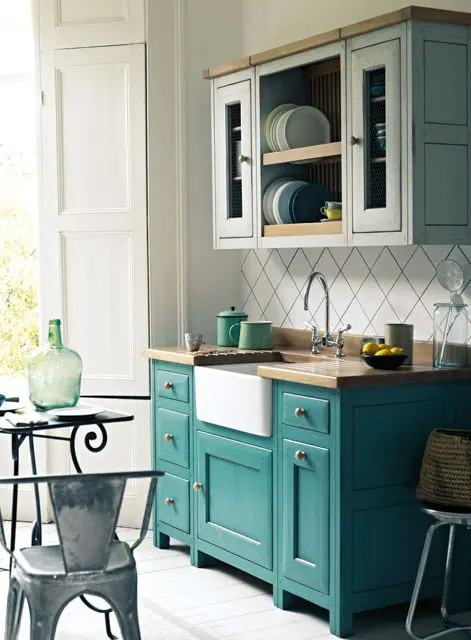 Turquoise Base Cabinets With Natural Wood Countertops