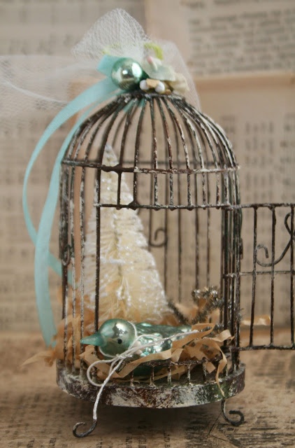 Miniature Bird Cage Vignette With Vintage Christmas Tree