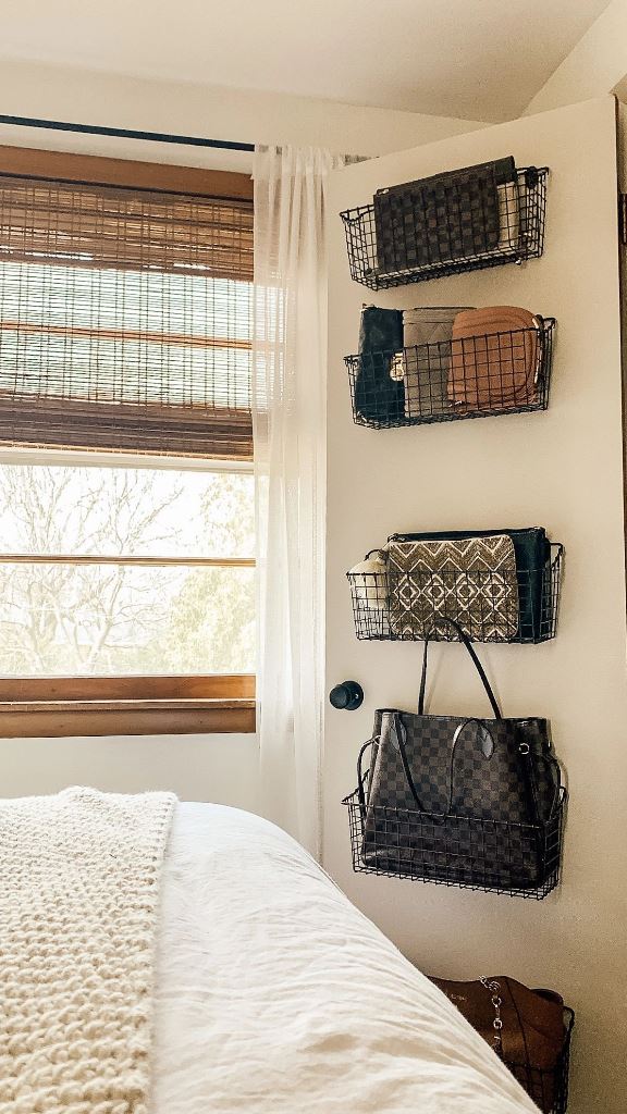 Wire Baskets Keep Purses and Clutches Organized on the Wall