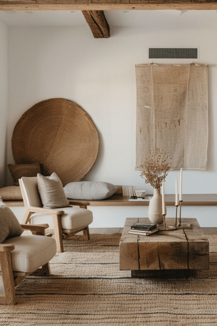 Oversized Woven Wall Hanging Adds Rustic Texture Behind Seating