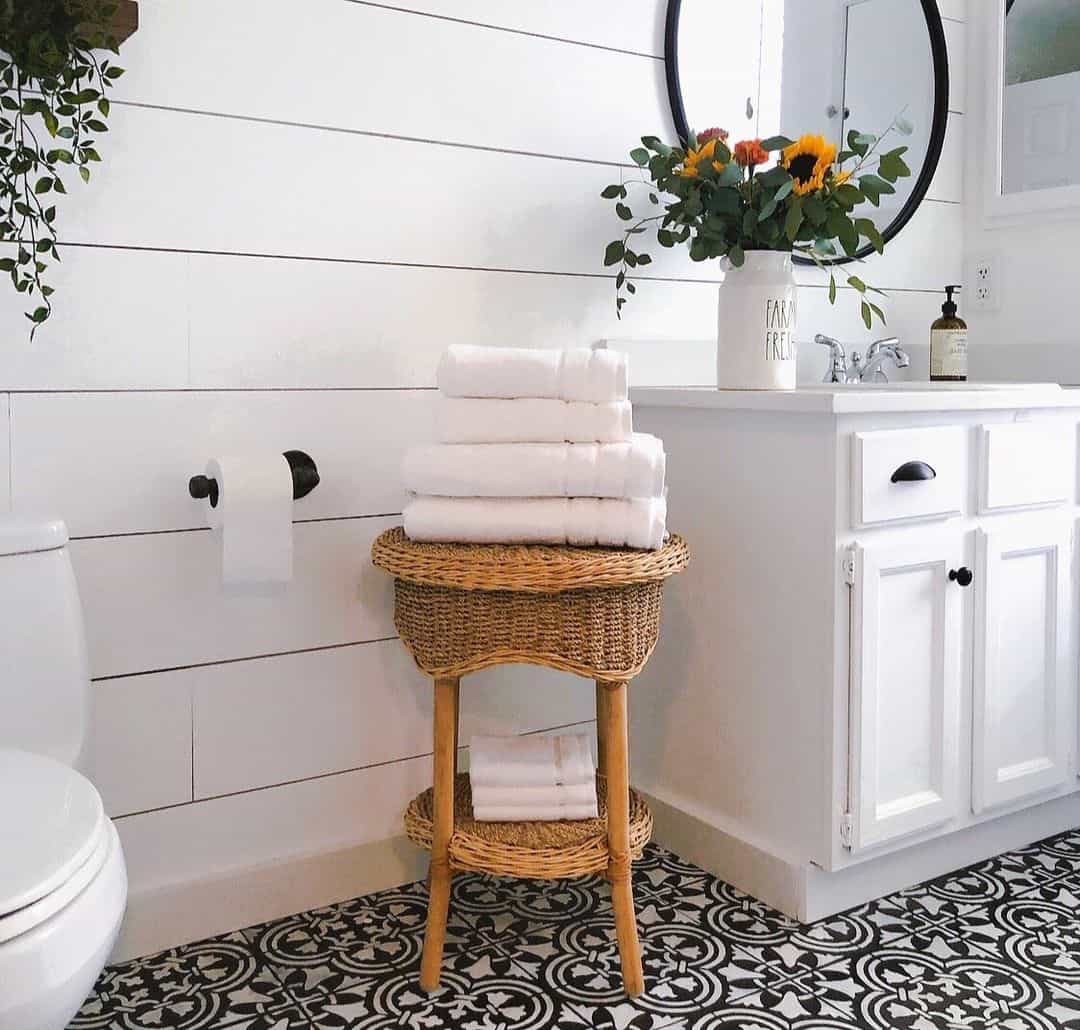Wicker Stool in Bold Farmhouse Bathroom