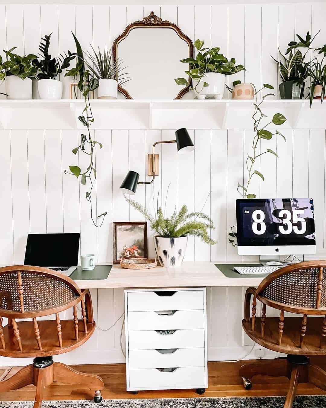 White Shiplap Home Office With a Double Desk