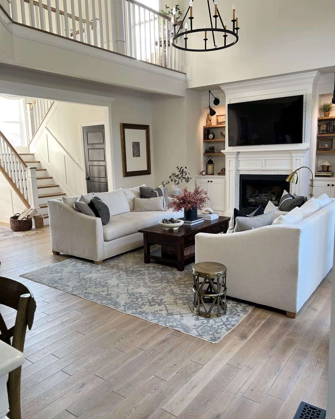 Mirrored Sofas in a Small Modern Farmhouse Living Room