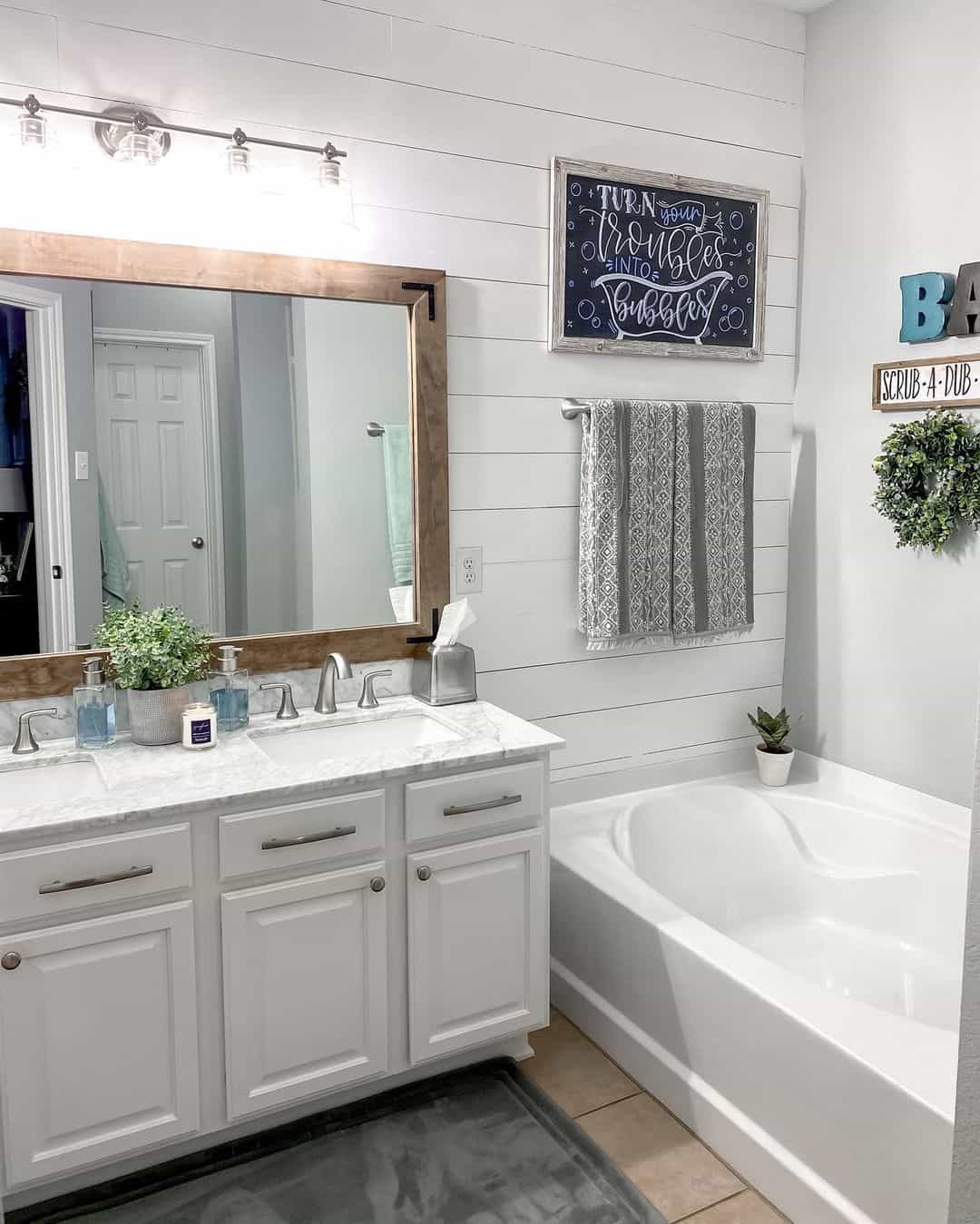 Stained Wood and Black Metal Bathroom Mirror