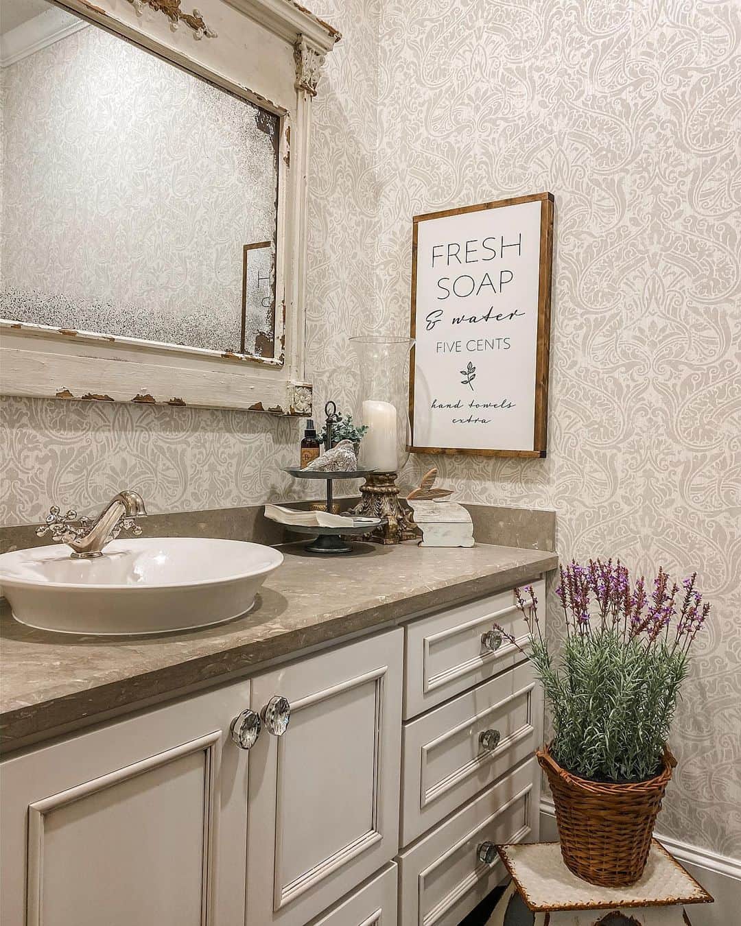 Beige Bathroom Mirror Wood Frame