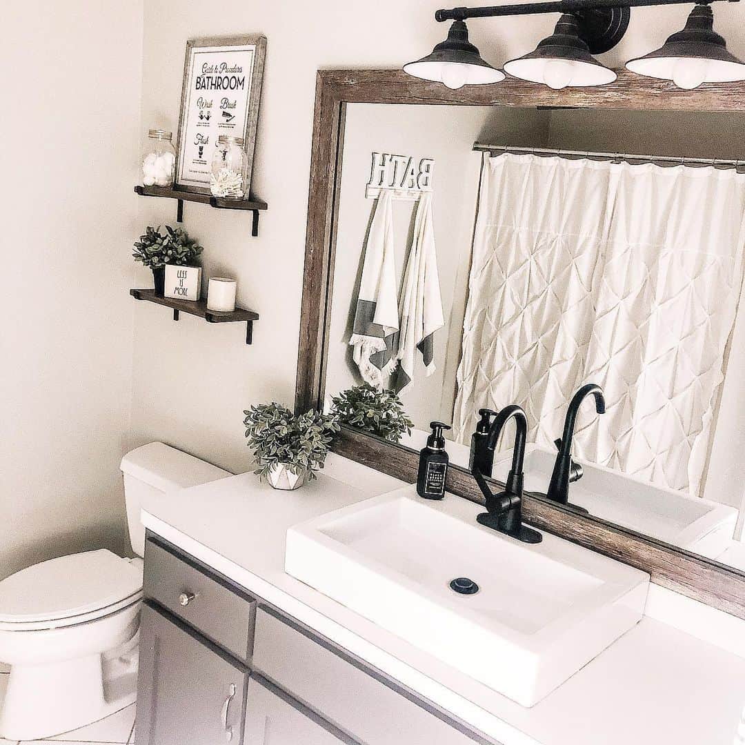 Gray Vanity with Rectangular Bathroom Mirror